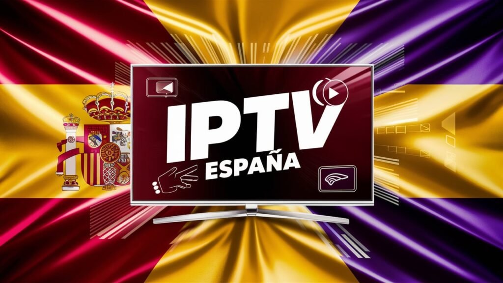 Promotional image with the text 'IPTV España' displayed on a TV and the flag of Spain as the background