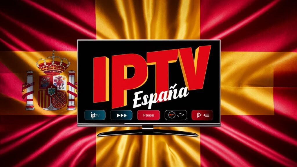 Illustration of a TV with 'IPTV España' on the screen, set against a backdrop of Spain’s flag