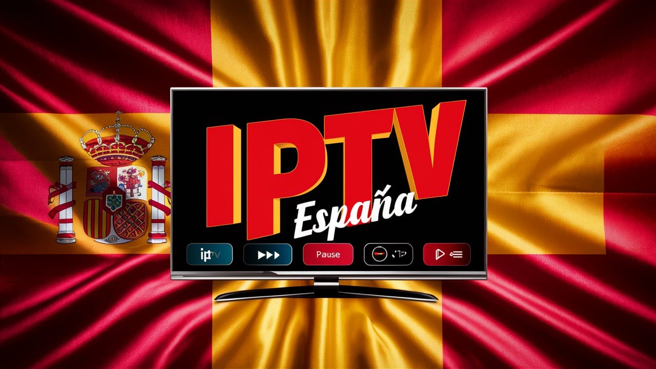 Illustration of a TV with 'IPTV España' on the screen, set against a backdrop of Spain’s flag