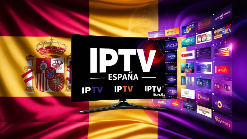 Graphic of a flat-screen TV with 'IPTV España' text and the Spanish flag behind it